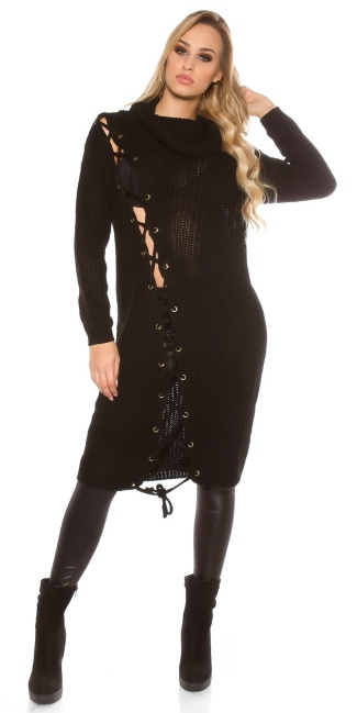 Trendy chunky knit dress with XL collar Black